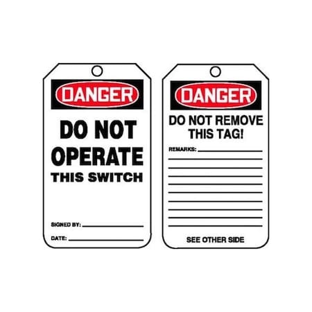 Accuform Safety Tags, DANGER DO NOT OPERATE THIS SWITCH, 5.75in x 3.25in, Self-Laminating PF-Cardstock, 5PK MDT220LCM